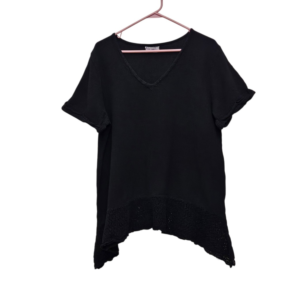 Cottonways Black Lace Trim Asymmetrical Tunic Top Lagenlook  Boho‎ Lightweight L
